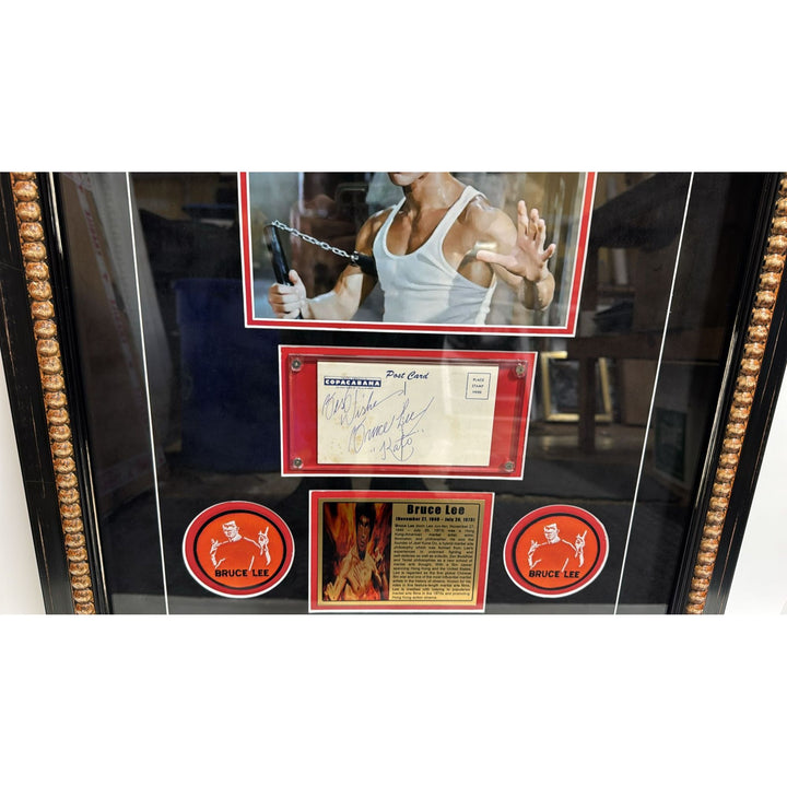 Bruce Lee a true icon in Martial Arts vintage postcard signed and inscribed with museum quality frame.