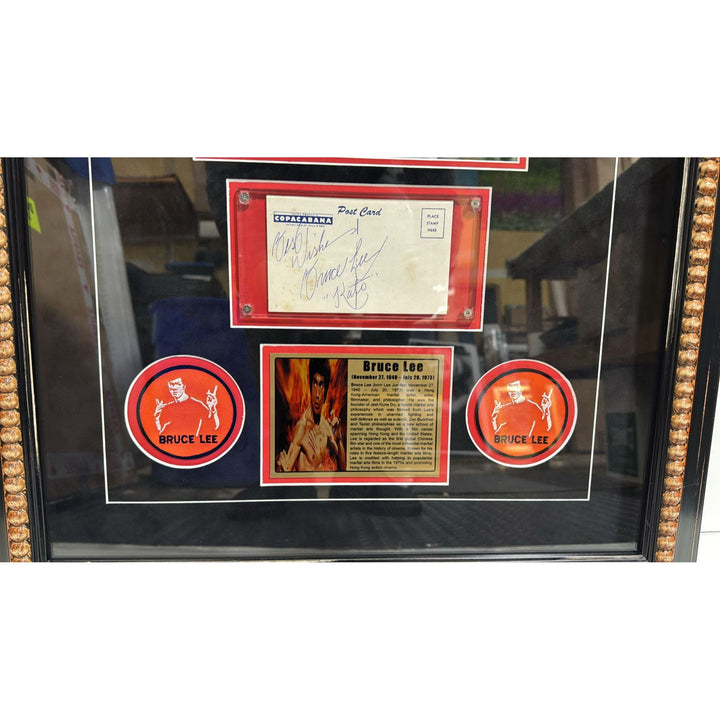 Bruce Lee a true icon in Martial Arts vintage postcard signed and inscribed with museum quality frame.