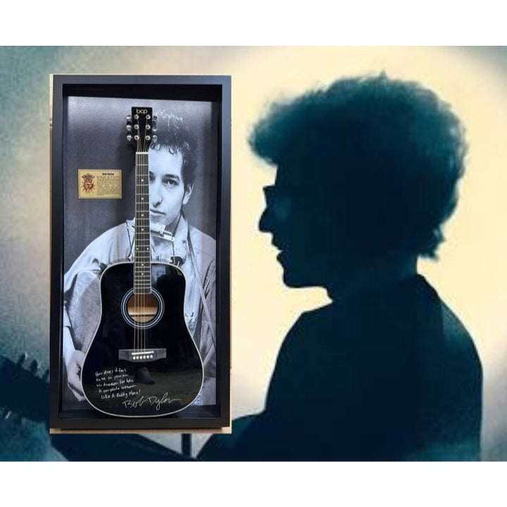 Bob Dylan full size acoustic guitar signed with inscription & proof in a museum quality custom shadow box frame 24x47.
