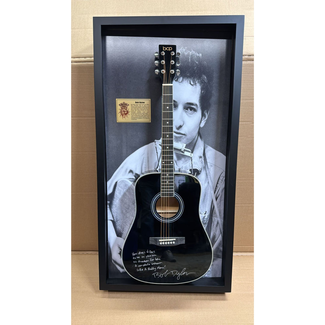 Bob Dylan full size acoustic guitar signed with inscription & proof in a museum quality custom shadow box frame 24x47.