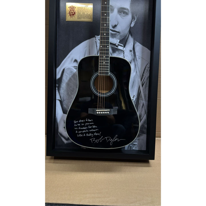 Bob Dylan full size acoustic guitar signed with inscription & proof in a museum quality custom shadow box frame 24x47.