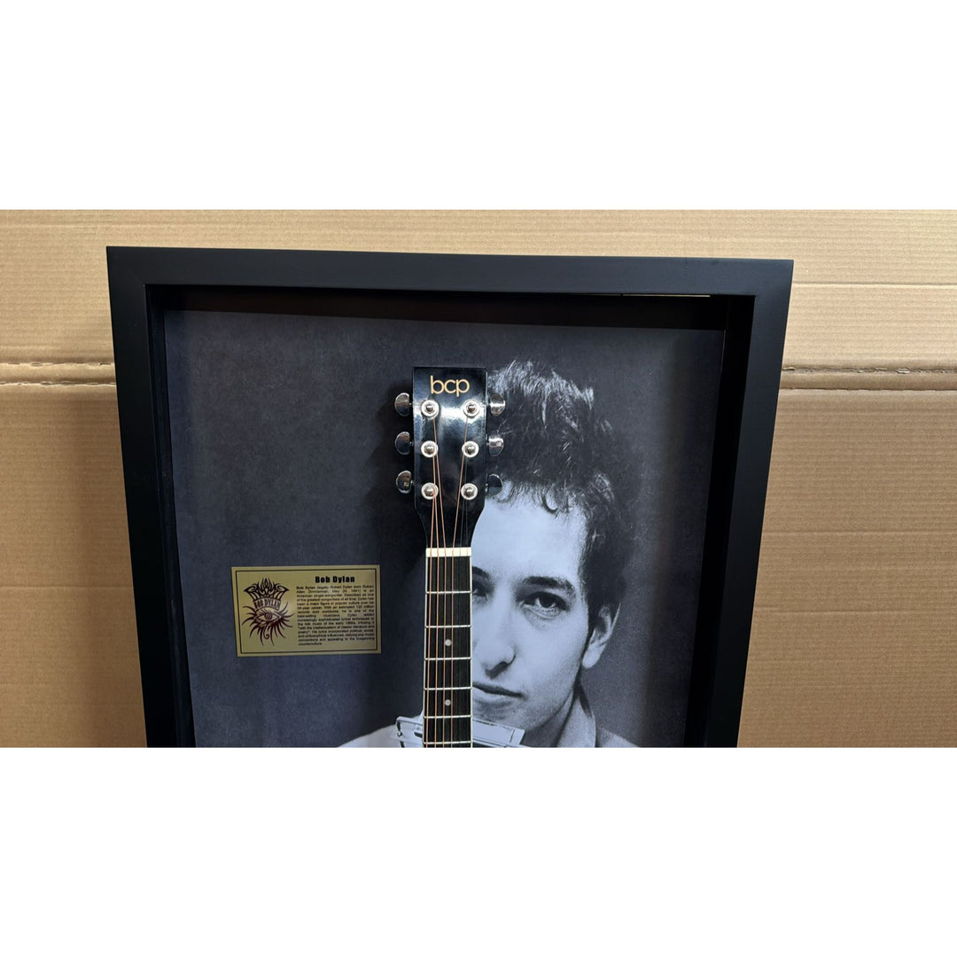 Bob Dylan full size acoustic guitar signed with inscription & proof in a museum quality custom shadow box frame 24x47.
