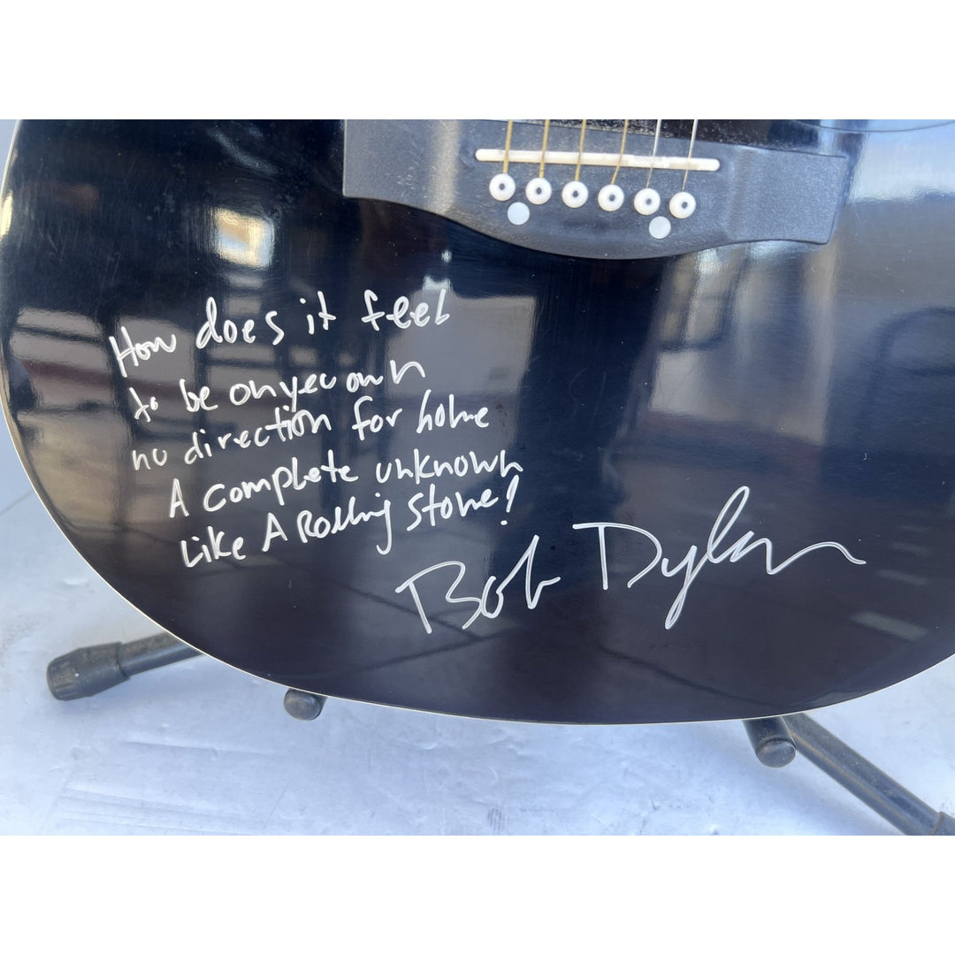 Bob Dylan full size acoustic guitar signed with inscription & proof in a museum quality custom shadow box frame 24x47.