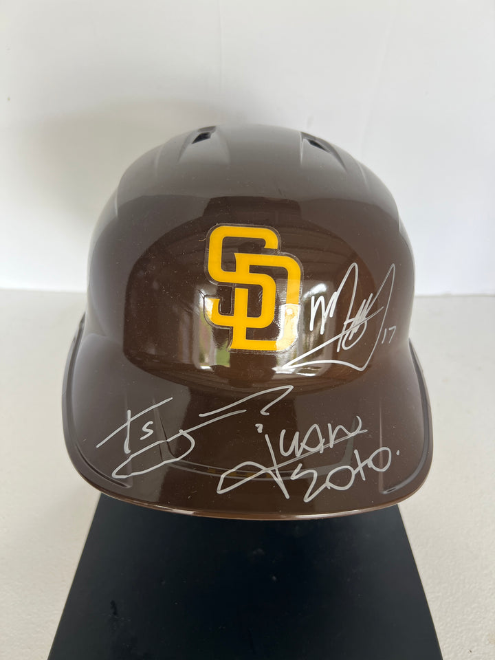 San Diego Padres Xander Bogaerts, Manny Machado, Juan Soto Rawlings MLB full size game model batting helmet signed with proof