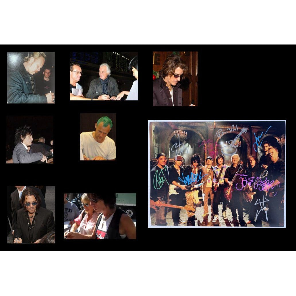 Jimmy Page, Joe Perry, James Hetfield Jason Newstead, Robert Trujillo, Johnny Depp, Jeff Beck, Flea, Ronnie Wood 11X14 Photo signed.
