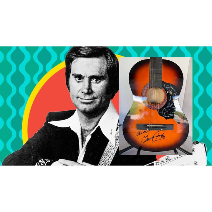 Black and white photo of a man next to an acoustic guitar on a retro patterned background.