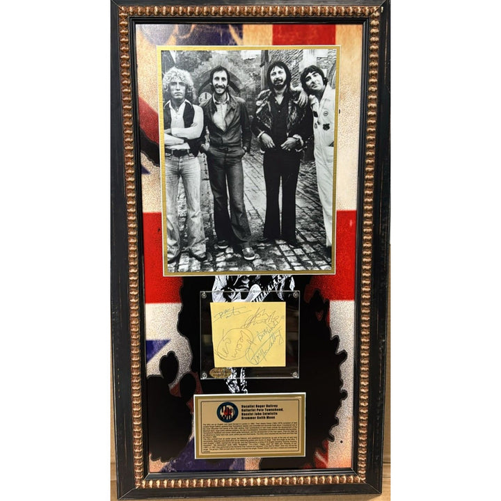 "The Who" Keith Moon Pete Townshend Roger Daltry & John Entwistle autograph page book signed with museum quality frame 19x34.