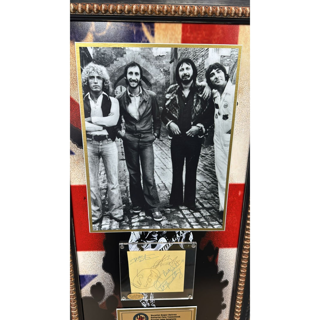 "The Who" Keith Moon Pete Townshend Roger Daltry & John Entwistle autograph page book signed with museum quality frame 19x34.