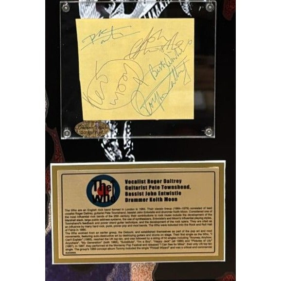 "The Who" Keith Moon Pete Townshend Roger Daltry & John Entwistle autograph page book signed with museum quality frame 19x34.