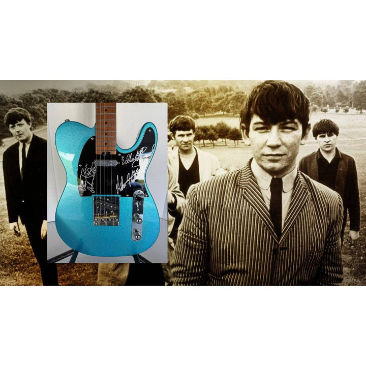 A blue electric guitar over a sepia-toned image of a vintage band wearing suits outdoors.
