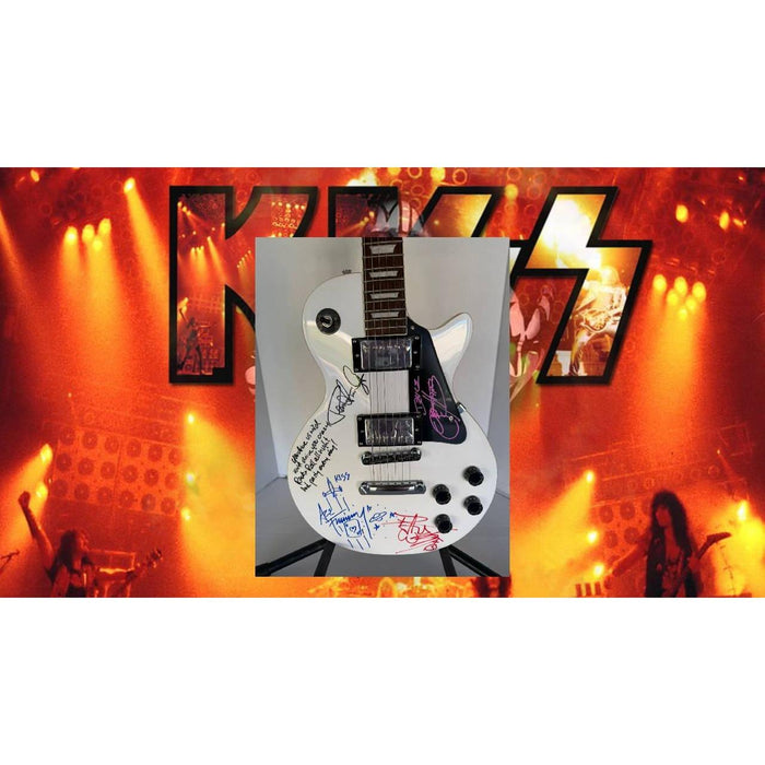Kiss Gene Simmons Paul Stanley Ace Freehly and Peter Criss vintage White les paul guitar signed with proof and inscriptions