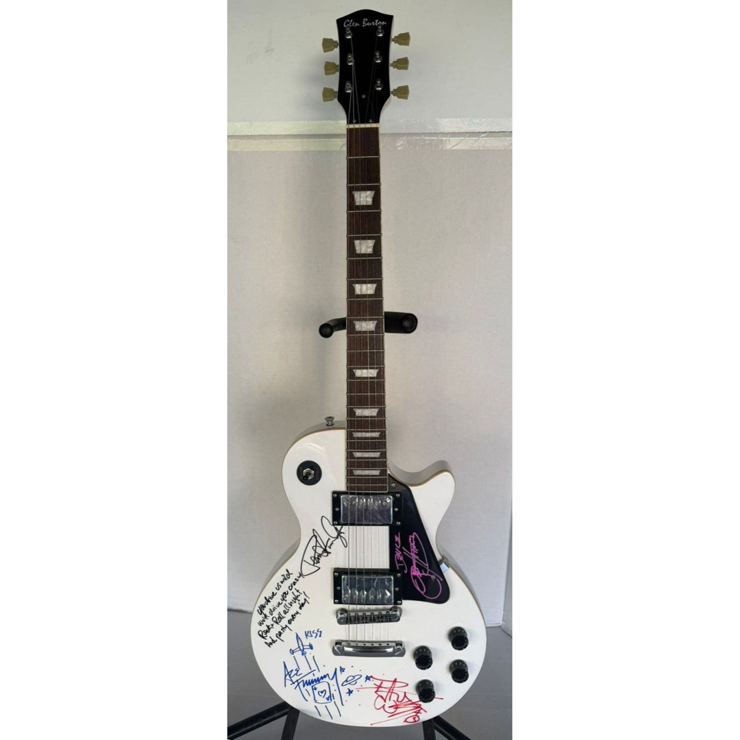 Kiss Gene Simmons Paul Stanley Ace Freehly and Peter Criss vintage White les paul guitar signed with proof and inscriptions