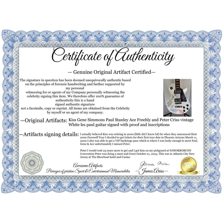 Kiss Gene Simmons Paul Stanley Ace Freehly and Peter Criss vintage White les paul guitar signed with proof and inscriptions