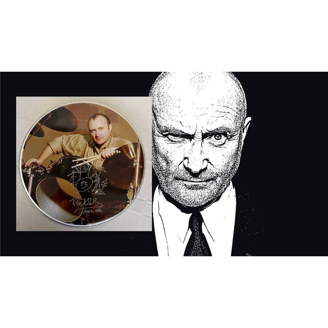 Phil Collins One of a Kind drum head signed with sketch and proof.