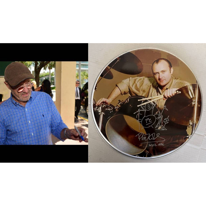 Phil Collins One of a Kind drum head signed with sketch and proof.