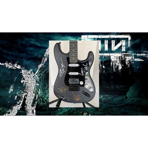 Nine Inch Nails, Jeordie White, Josh Freese, Trent Reznor, Alessandro Cortini, Aaron North stratocaster electric guitar signed with proof