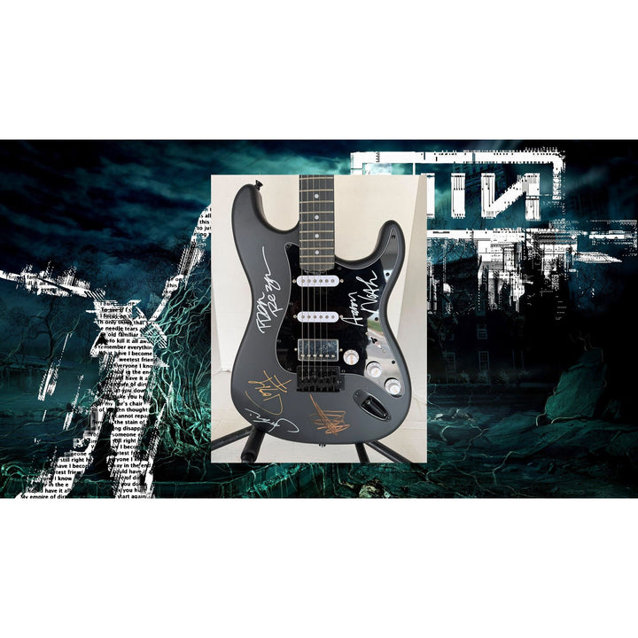 Nine Inch Nails, Jeordie White, Josh Freese, Trent Reznor, Alessandro Cortini, Aaron North stratocaster electric guitar signed with proof.