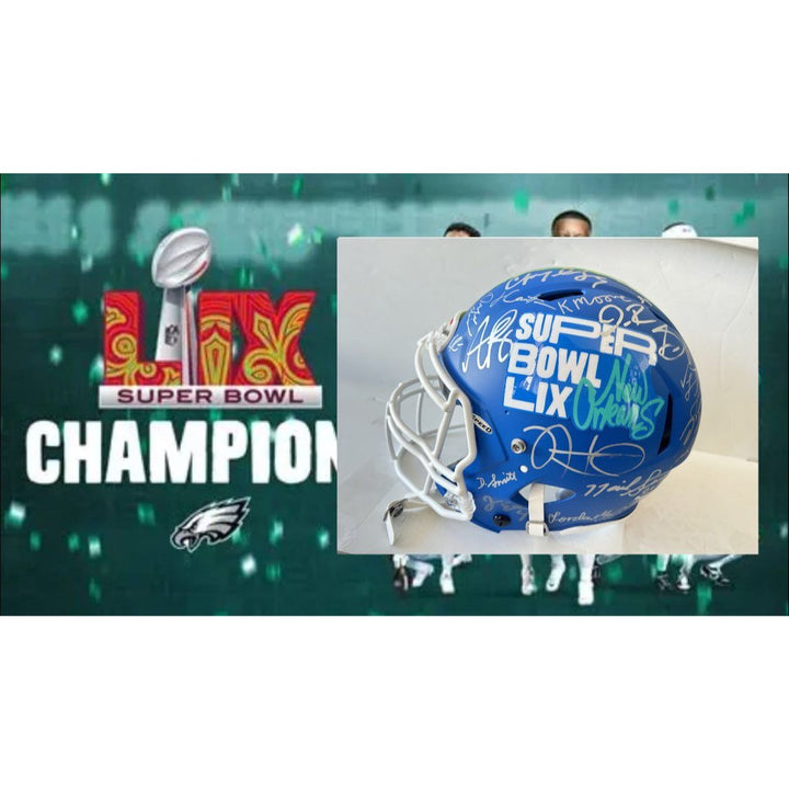 Super Bowl LIX 2025 Philadelphia Eagles pro game model helmet team signed with 40 plus signatures & signing proof .