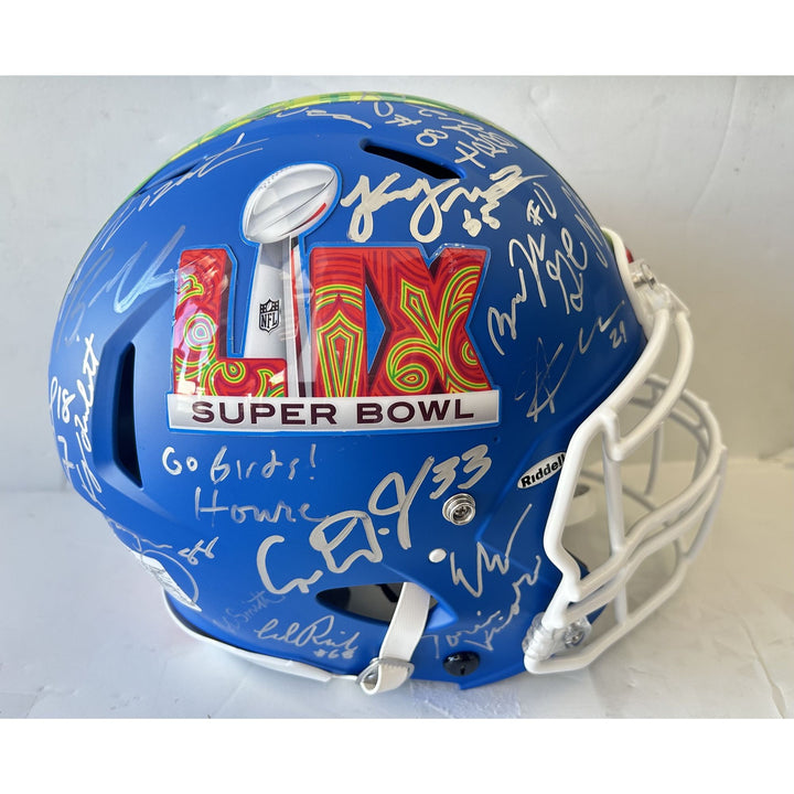 Super Bowl LIX 2025 Philadelphia Eagles pro game model helmet team signed with 40 plus signatures & signing proof .