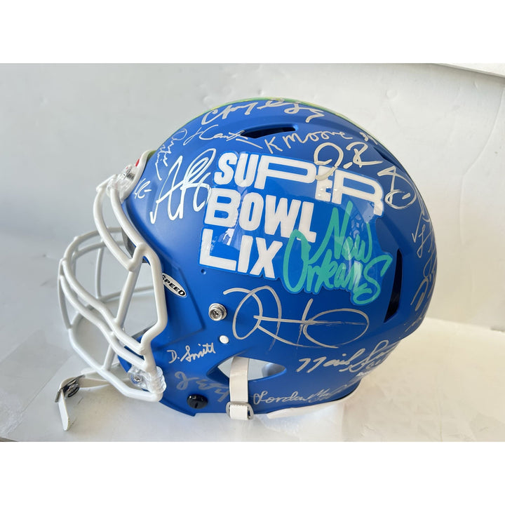 Super Bowl LIX 2025 Philadelphia Eagles pro game model helmet team signed with 40 plus signatures & signing proof .