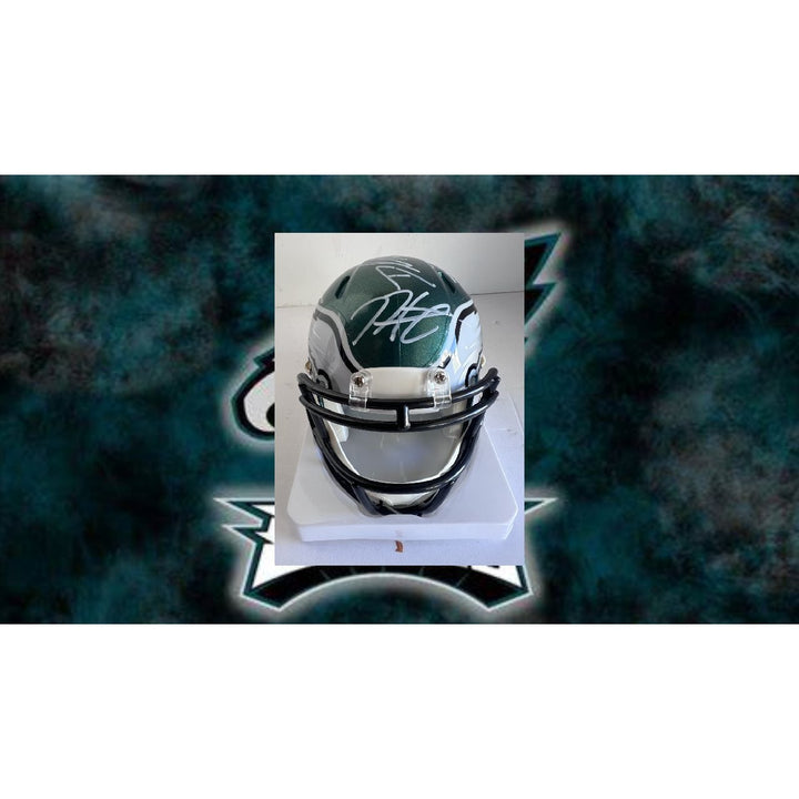 Philadelphia Eagles Jalen Hurts, Saquon Barkley, Davante Smith, Dallas Goedert, Riddell mini helmet signed with proof