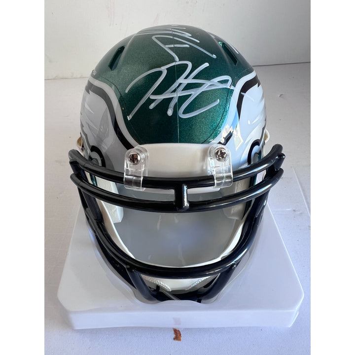 Philadelphia Eagles Jalen Hurts, Saquon Barkley, Davante Smith, Dallas Goedert, Riddell mini helmet signed with proof