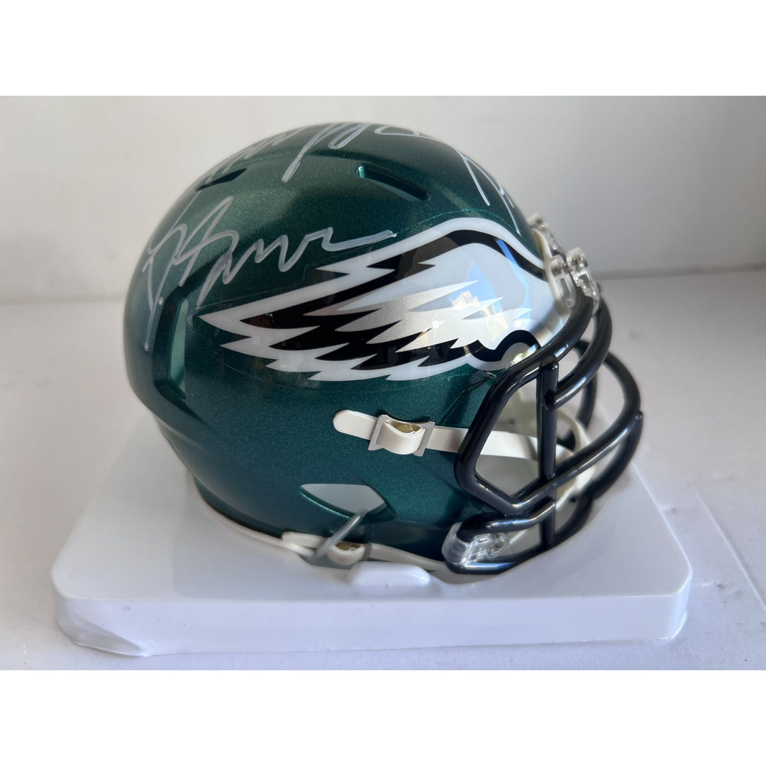 Philadelphia Eagles Jalen Hurts, Saquon Barkley, Davante Smith, Dallas Goedert, Riddell mini helmet signed with proof