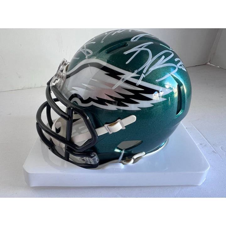 Philadelphia Eagles Jalen Hurts, Saquon Barkley, Davante Smith, Dallas Goedert, Riddell mini helmet signed with proof