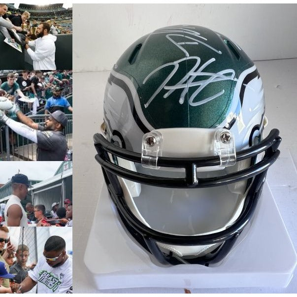 Philadelphia Eagles Jalen Hurts, Saquon Barkley, Davante Smith, Dallas Goedert, Riddell mini helmet signed with proof