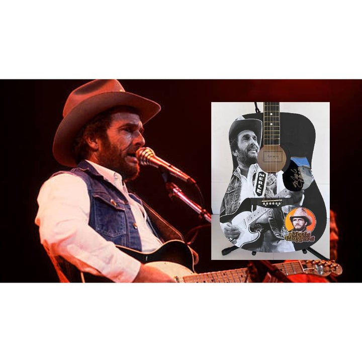 Merle Haggard   one of a kind full size acoustic guitar signed with poof.