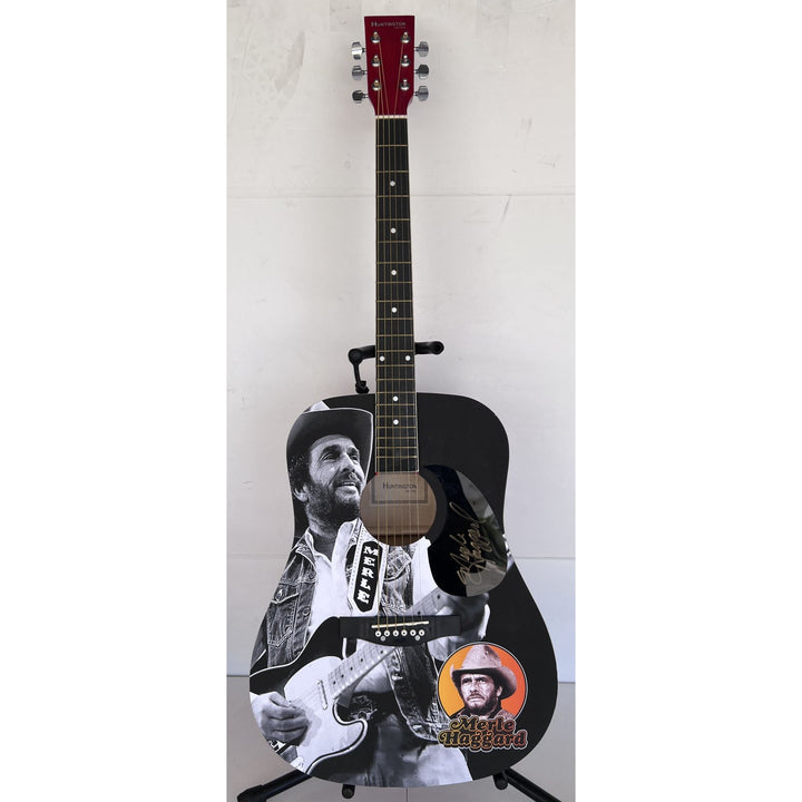 Merle Haggard   one of a kind full size acoustic guitar signed with poof.