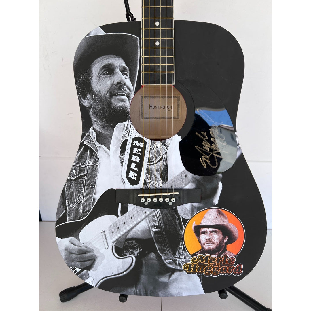 Merle Haggard   one of a kind full size acoustic guitar signed with poof.