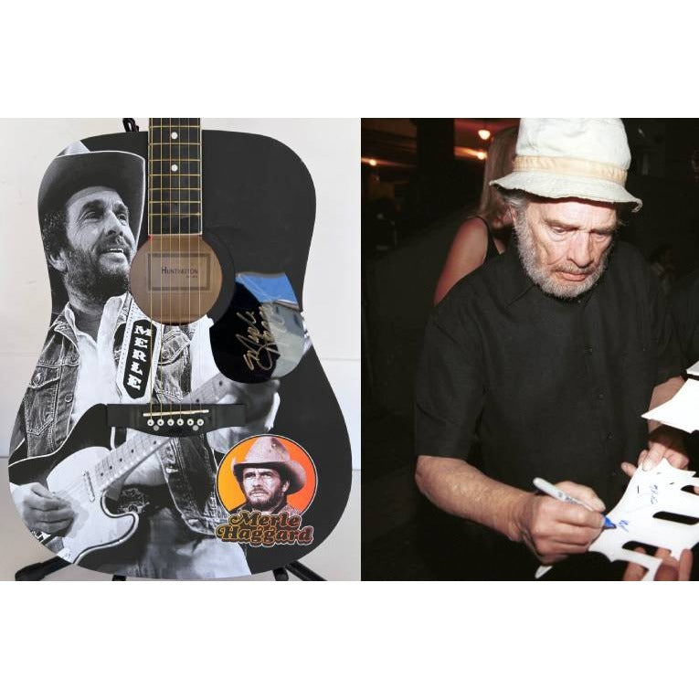 Merle Haggard   one of a kind full size acoustic guitar signed with poof.