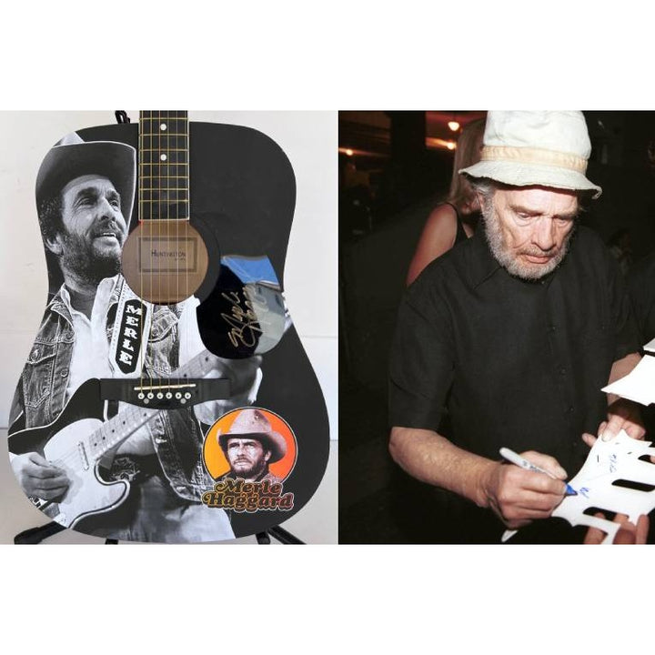 Merle Haggard   one of a kind full size acoustic guitar signed with poof.