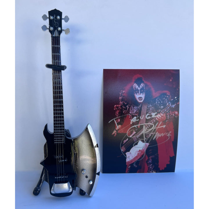 Gene Simmons  "The Demon" bassist co-lead singer Kiss 5x7 photo signed with proof & free mini ax guitar