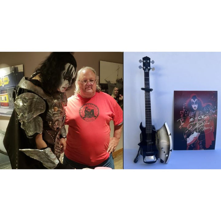 Gene Simmons  "The Demon" bassist co-lead singer Kiss 5x7 photo signed with proof & free mini ax guitar