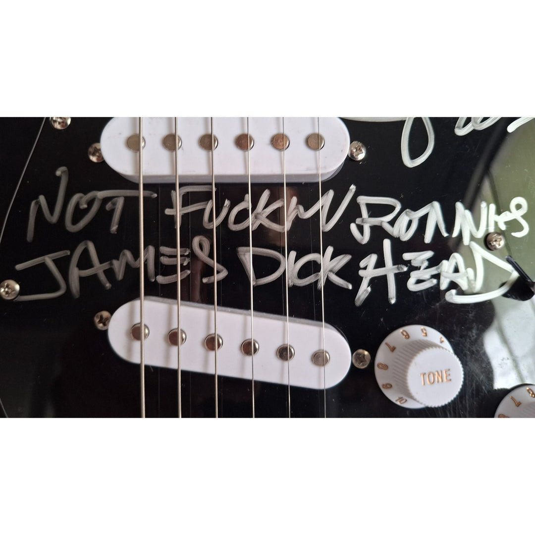 Ozzy Osbourne, Black Sabbath signed with inscription for Ronnie James Dio, Fender Stratocaster electric guitar signed with proof