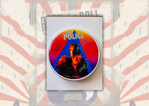 The Police Gordon Sumner "Sting", Stewart Copeland, Andy Summers one-of-a-kind drum head signed with proof