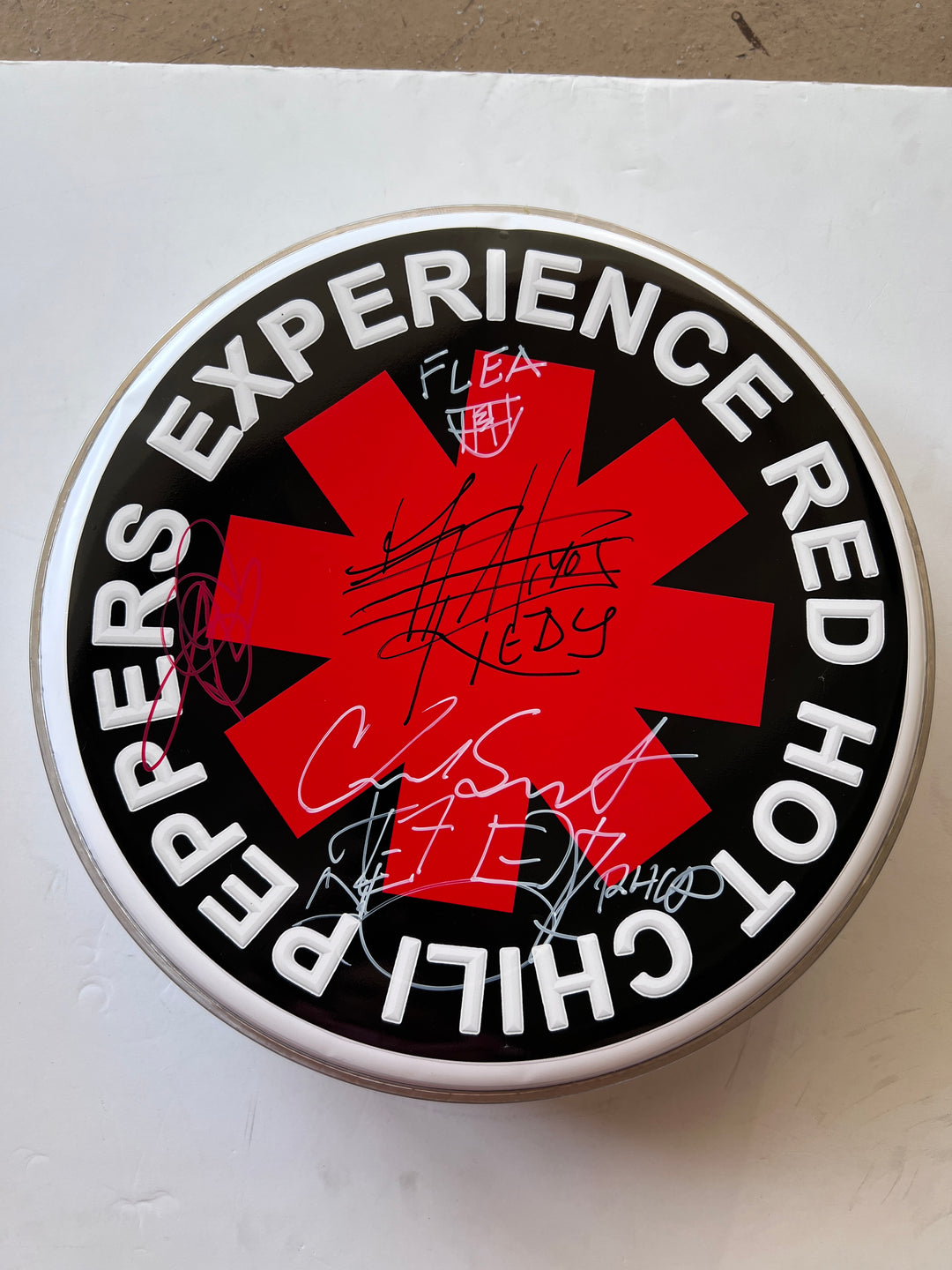 Red Hot Chili Peppers Anthony Kiedis, Chad Smith, Flea, John Frusciante  one-of-a-kind drumhead signed with proof