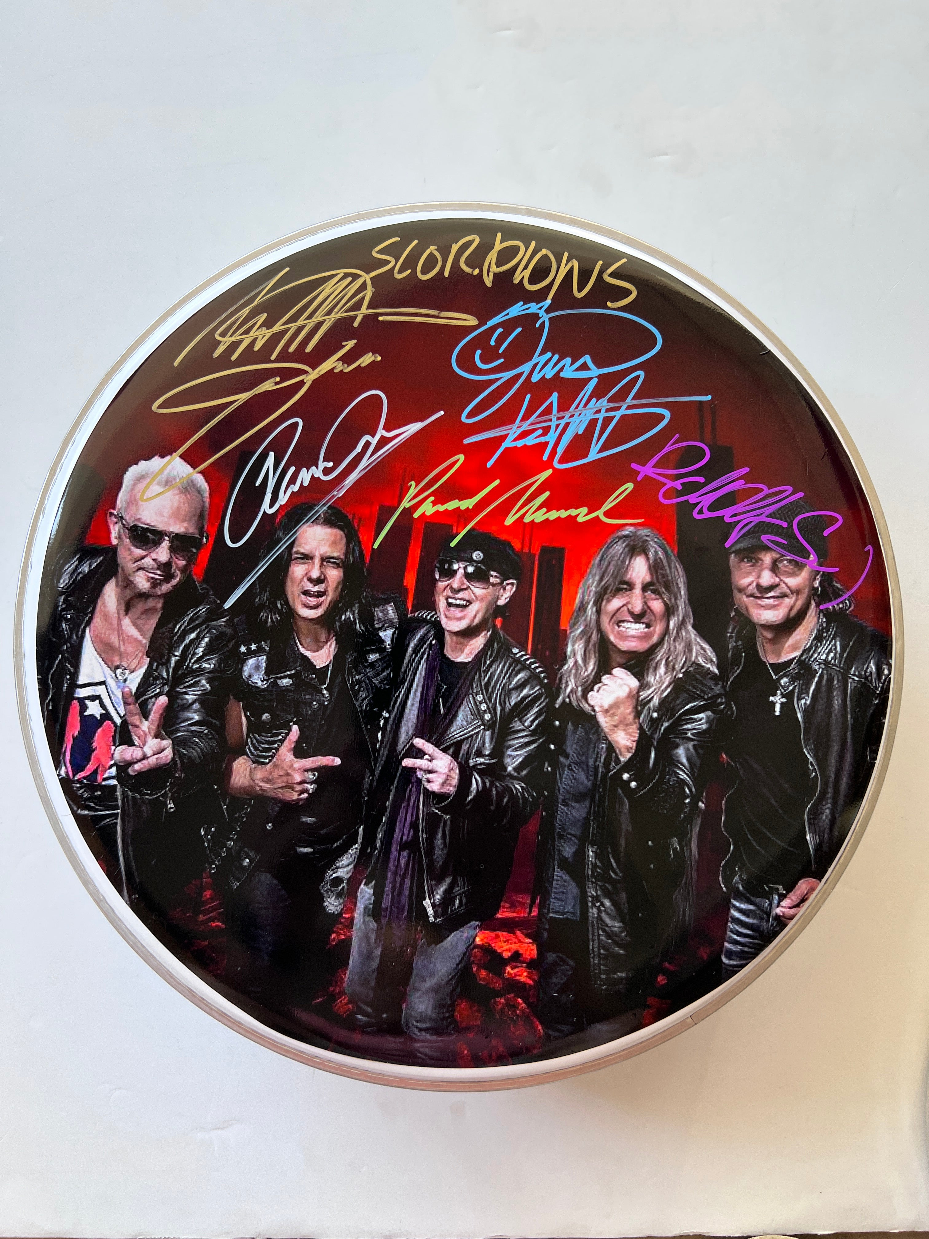 Scorpions Klaus Maine, Rudolf Schenker, Pawel Maciwoda one-of-a-kind drumhead signed with proof