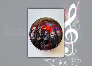 Scorpions Klaus Maine, Rudolf Schenker, Pawel Maciwoda one-of-a-kind drumhead signed with proof