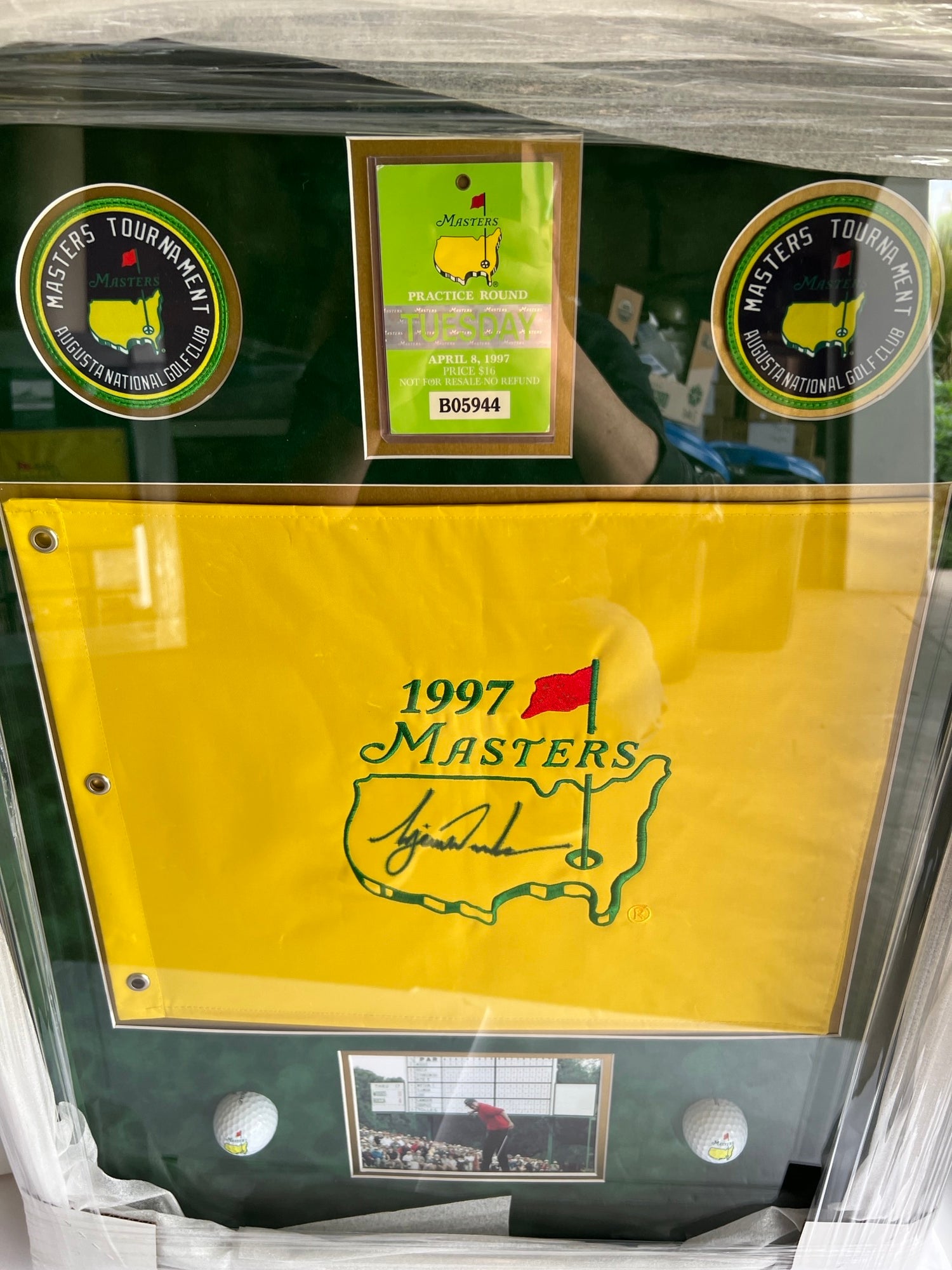 Tiger Woods 1997 Masters golf flag framed and signed with proof