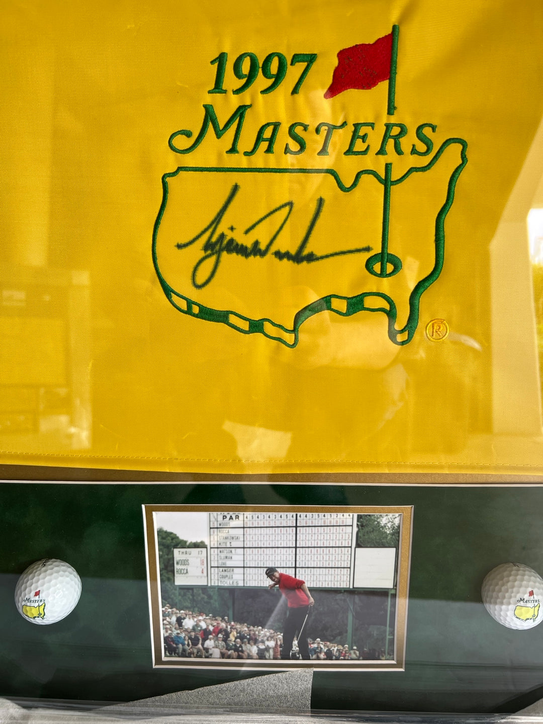 Tiger Woods 1997 Masters golf flag framed and signed with proof