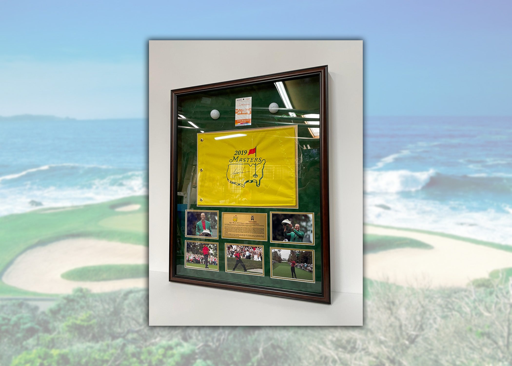 Tiger Woods 2019 Masters embroidered golf pin flag signed and framed with proof