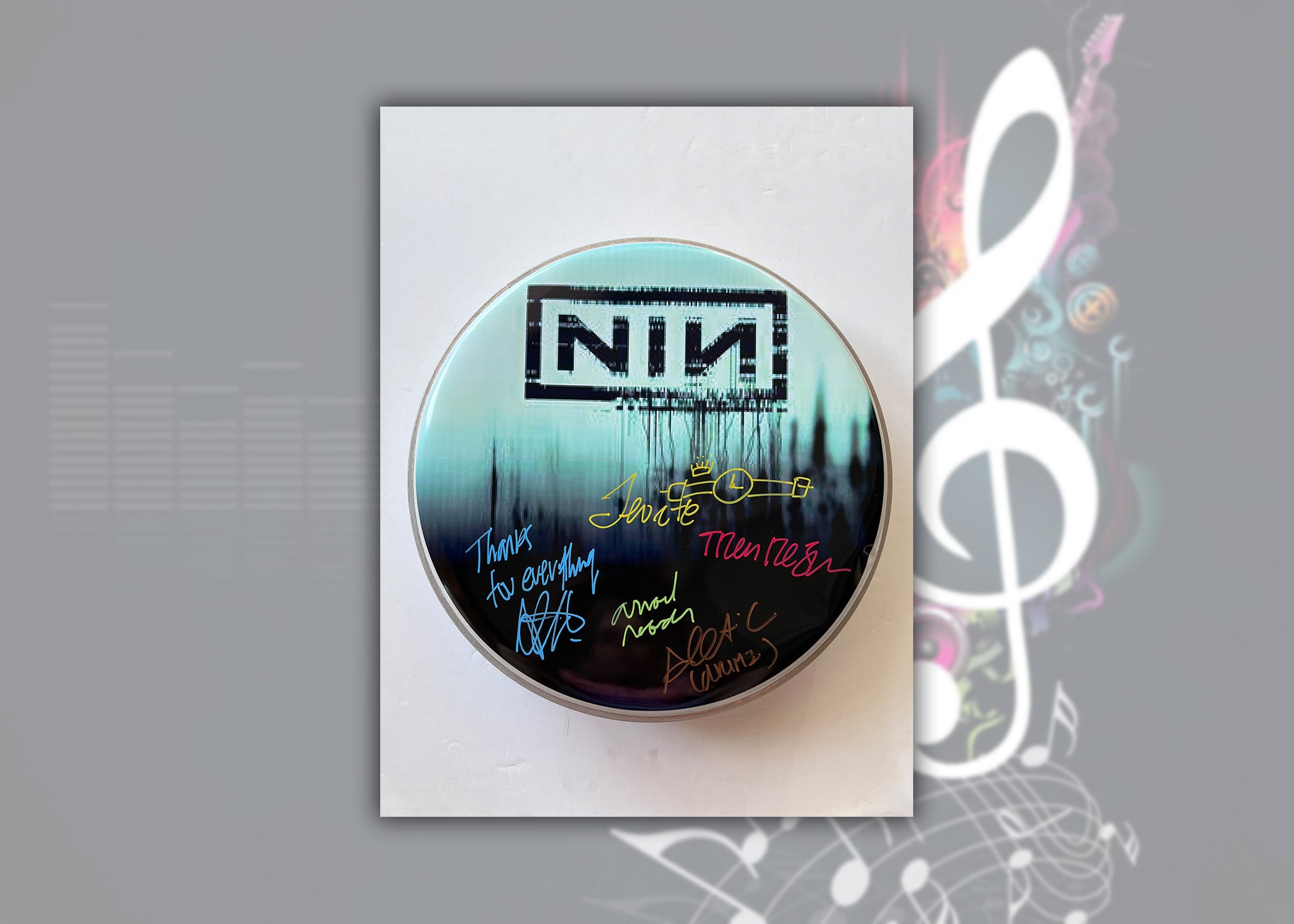 Trent Reznor Nine Inch Nails one-of-a-kind drumhead signed with proof