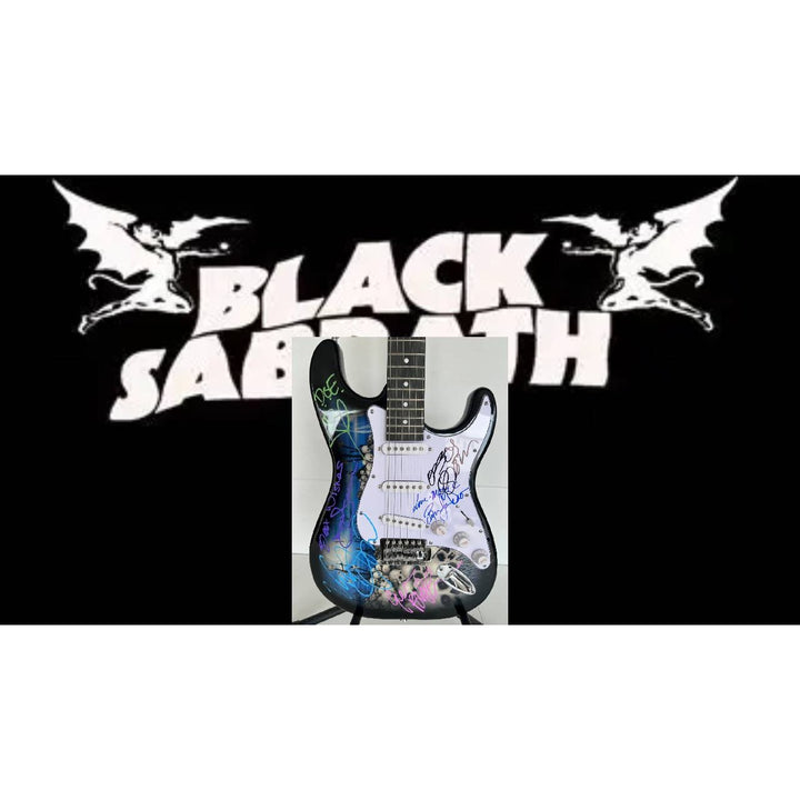 Ronnie James Dio Ozzy Osbourne Tony Iommi Bill Ward Geezer Butler Black Sabbath electric guitar signed with proof.