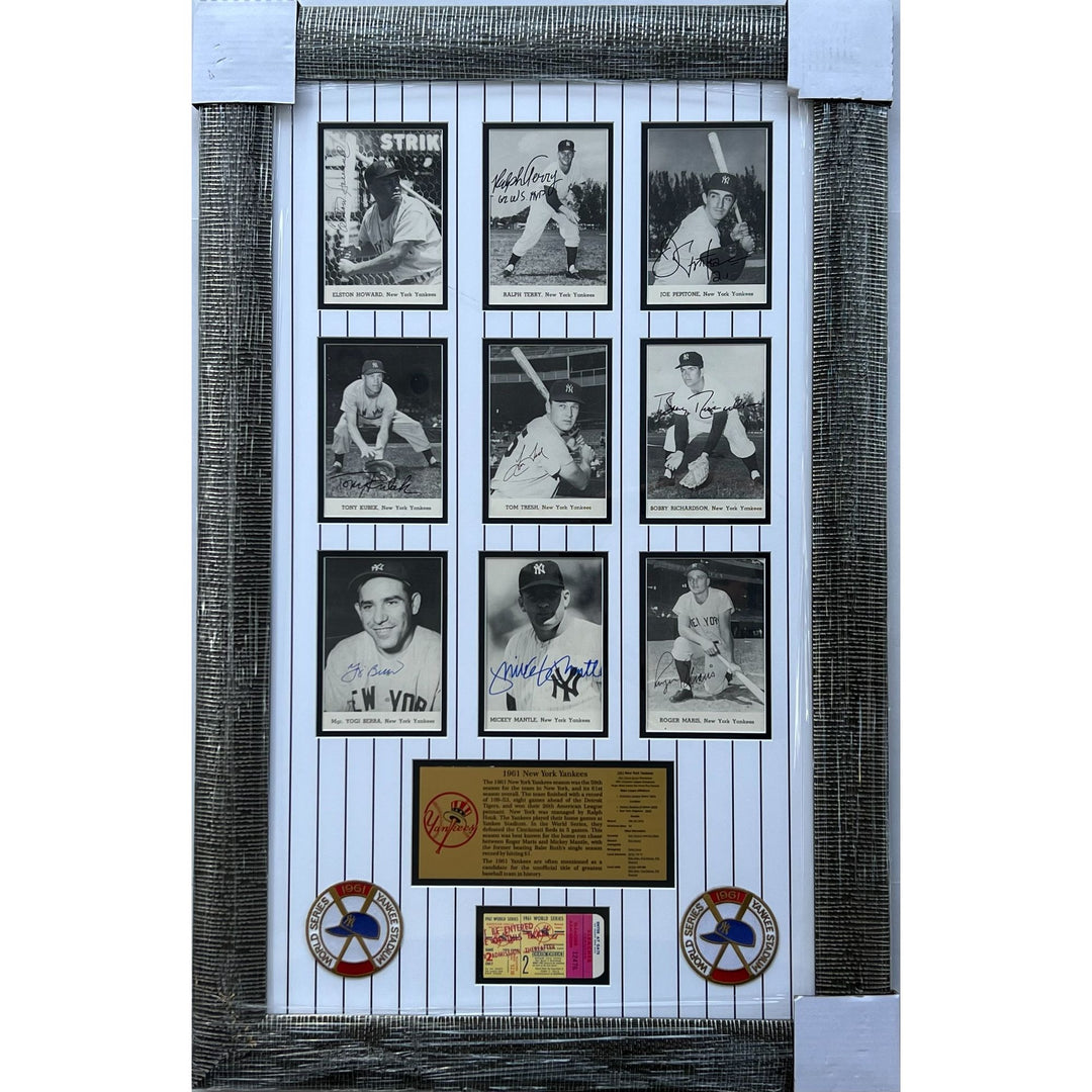 New York Yankees 1961 Mickey Mantle, Elston Howard, Yogi Berra, Roger Maris (9 in all) with authentic 1961 World series ticket signed