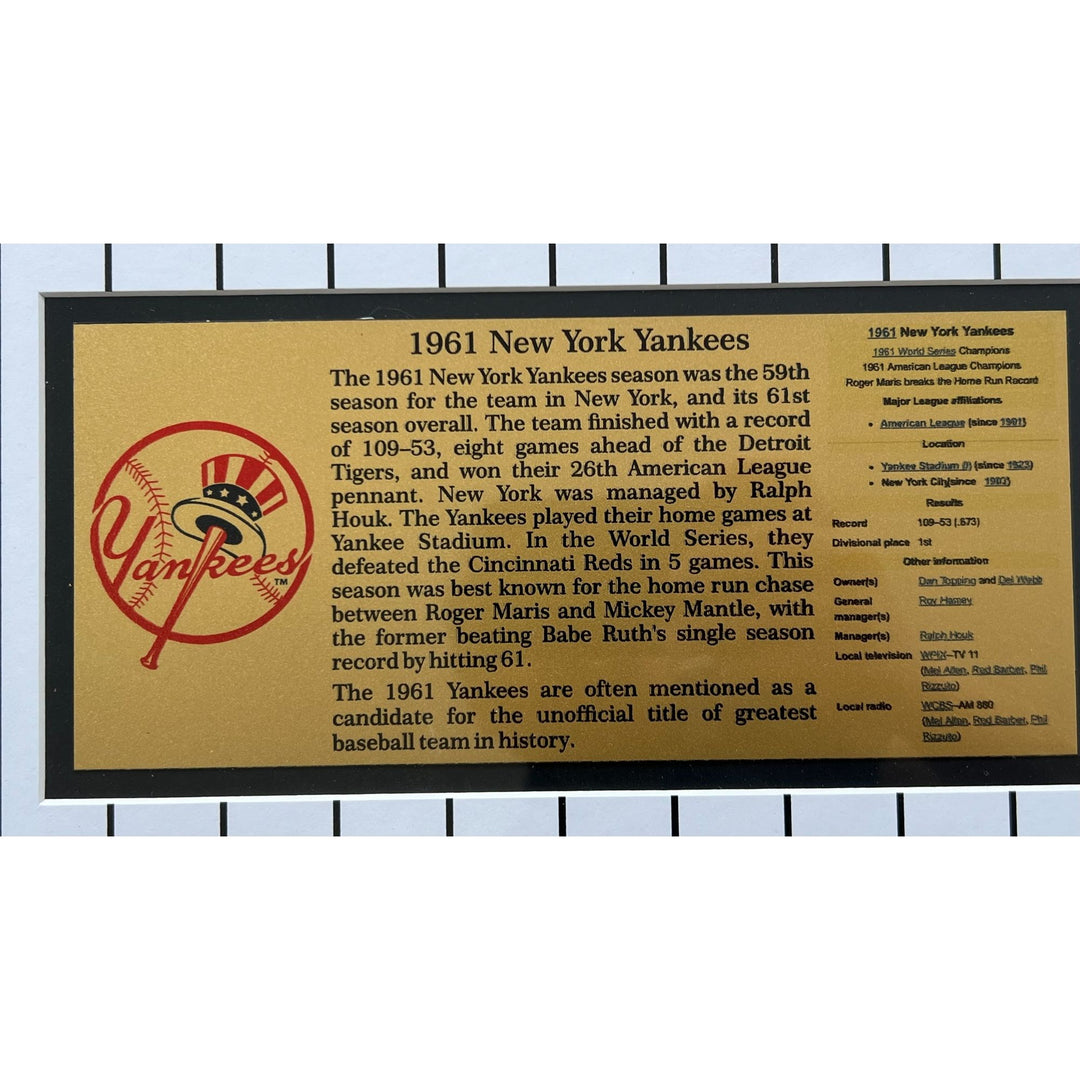 New York Yankees 1961 Mickey Mantle, Elston Howard, Yogi Berra, Roger Maris (9 in all) with authentic 1961 World series ticket signed