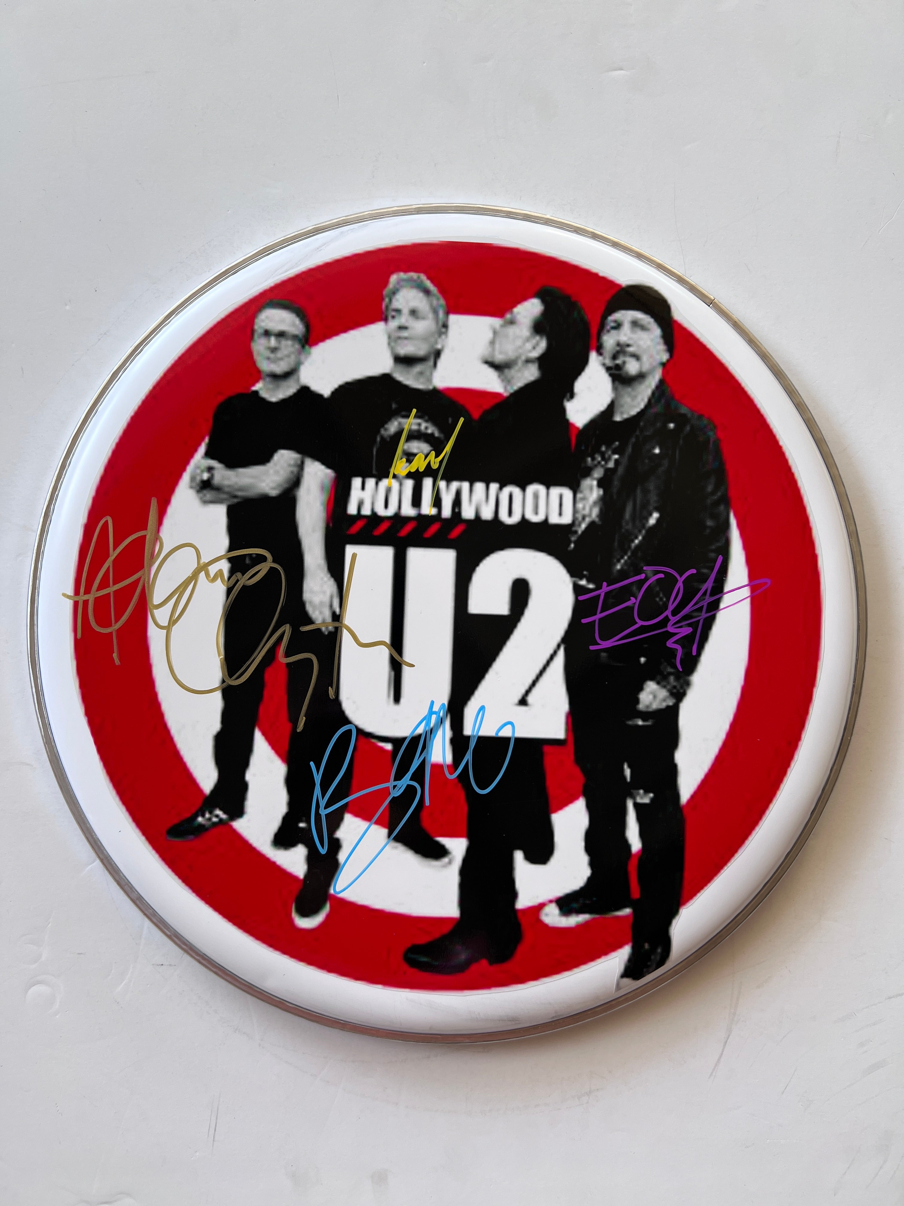 U2 Bono, the Edge, Larry Mullen and Adam Clayton one-of-a-kind drumhead signed with proof