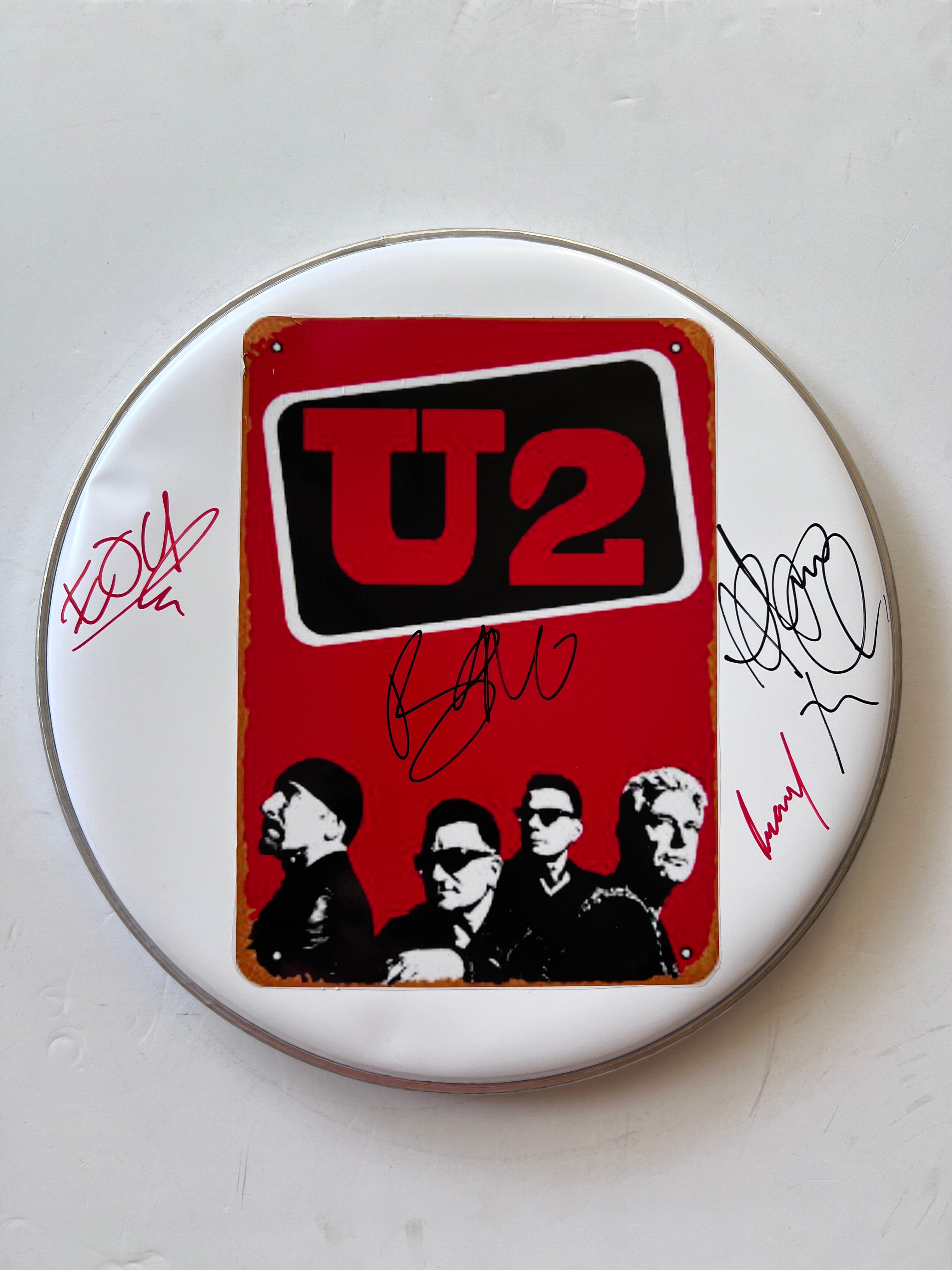 U2 Bono, The Edge, Larry Mullen, Adam Clayton one-of-a-kind drumhead signed with proof